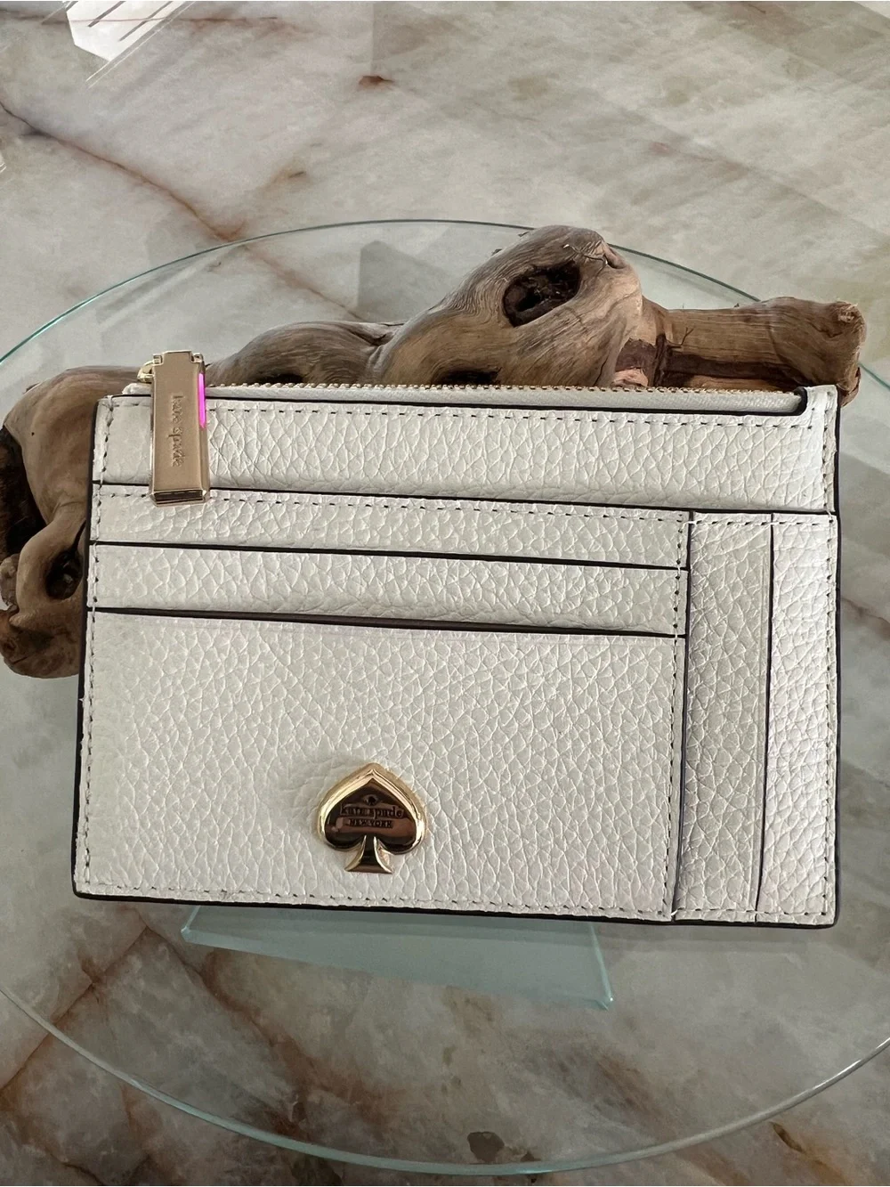 kate spade White Pebbled Leather Card & Key Holder with Gold Spade Logo